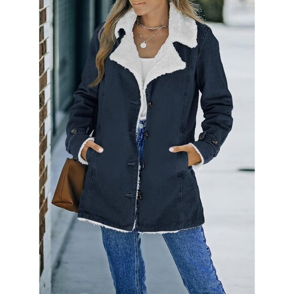 Women's Cotton Sherpa Lined Winter Coat Stand Collar Pockets Plus Size - Picture 3 of 4